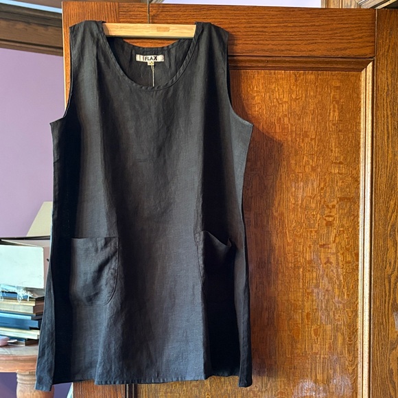 Flax Tops - FLAX Linen Black Sleeveless Tunic with Pockets